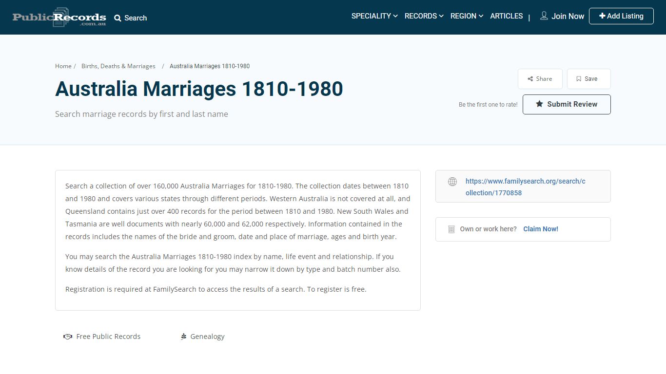 Australia Marriages 1810-1980 - Online Records Search - Public Records